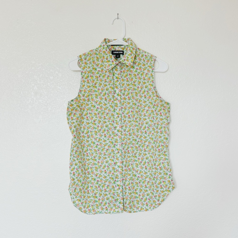 Lands End Citrus Print Button-Up Shirt Lemon Orange Grapefruit Tank Top Vintage